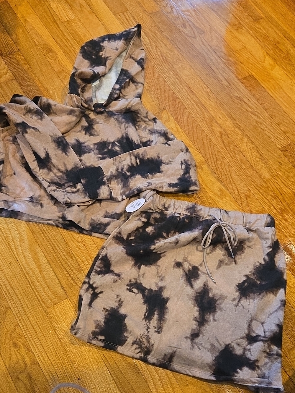 Tie-Dye Drawstring Mini Skirt - Beige & Black